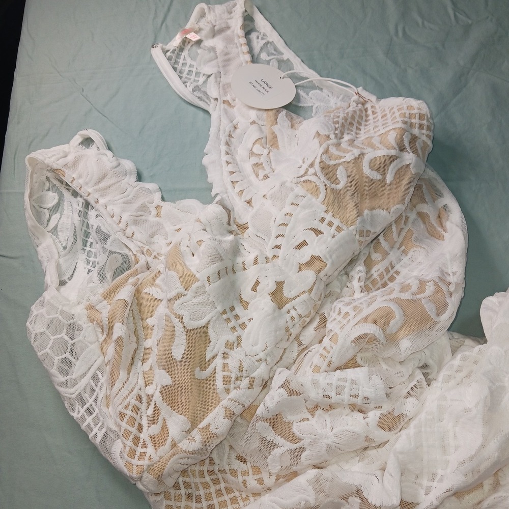 LUXXEL Wedding Bridal Dress Ivory White/Lace Nude lined Boho Maxi Long Gown NWT - Picture 5 of 13